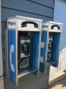 Phone, Payphone, OUTDOOR, PARTIAL BOOTH / SURROUND W/BLUE PLEXI SIDES, LOWER SHELF, WALL OR PEDESTAL MOUNT, PUBLIC, CIRCA 1980 - Phones Rent Separately, METAL, BLUE