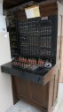 Phone, Switch Board, FREESTANDING MANUAL TELEPHONE OPERATOR CORD MAGNETO BOARD COUNTER STATION, OAK, CIRCA 1920, JUST SWITCHBOARD W/O ROLLING BASE IS 68x26x27.5", WOOD, BROWN