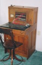 Phone, Switch Board, FREESTANDING MANUAL TELEPHONE OPERATOR CORD BOARD COUNTER STATION (CHAIR RENTS SEPARATELY), OAK, CIRCA 1930, WOOD, BROWN