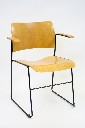 Chair, Side, MIDCENTURY MODERN MOULDED PLYWOOD, BLACK METAL FRAME W/ARMS, STACKABLE, WOOD, BROWN