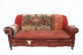 Sofa, Three Seat, COUCH, ROLL ARM, DARK WOOD CLAW FEET, RIPPED, AGED, DISTRESSED - Condition Not Identical To Photo, LEATHER, RED