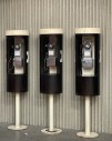 Phone, Payphone, INDOOR, CIRCULAR BOOTH W/SMOKED PLEXIGLAS SIDES, ON PEDESTAL, FREESTANDING, CIRCA 1975, PUBLIC, INTERIOR - Phones Rent Separately, PLEXIGLASS, BROWN