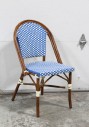 Chair, Cafe, SIDE CHAIR FOR CAFE BISTRO LAWN PATIO OR OUTDOOR DINING, TUBULAR BROWN FRAME W/BAMBOO LOOK & WRAPPED CORNERS, WOVEN BLUE & WHITE SEAT & BACK, PLASTIC, BLUE