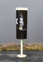 Phone, Payphone, INDOOR, CIRCULAR BOOTH W/SMOKED PLEXIGLAS SIDES, ON PEDESTAL, FREESTANDING, CIRCA 1975, PUBLIC, INTERIOR - Phones Rent Separately, PLEXIGLASS, BROWN