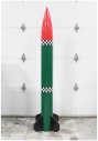 Industrial, Miscellaneous, FREESTANDING LIGHTWEIGHT MODEL ROCKET, RED TOP, GREEN BODY W/BLACK & WHITE CHECKERBOARD STRIPES, BLACK FINS - Base Available, RED