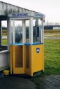 Phone, Booth, FULL SIZE 7FT OUTDOOR PUBLIC / STREET FREESTANDING TELEPHONE BOOTH, FOLDING DOOR, YELLOW SKIRT, CIRCA 1960 - Phones Rent Separately, METAL, WHITE