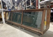 Counter, Misc, ANTIQUE, OVER 12FT, FROM A GENERAL STORE / PHARMACY / MERCANTILE / MARKET, ANGLED GLASS FRONT, BACK HAS ROWS OF DRAWERS, 3 INSET COUNTERTOP PANELS ARE MISSING GLASS / TOP UNFINISHED, REAL, OLD, AGED, USED, WOOD, BROWN