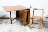 Chair, Folding, VINTAGE MID CENTURY MODERN, TEAK, SLAT SEAT, GOES W/PORTABLE TABLE & CHAIR SET, HIDEAWAY CHAIR FITS IN TABLE BASE BEHIND ACCORDION DOOR, TABLE & CHAIRS RENT SEPARATELY, WOOD, BROWN