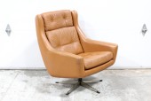 Chair, Armchair, VINTAGE, HIGH BACK, BUTTON TUFTED, PADDED ARMS & HEAD REST, 5 PRONG BASE, SWIVEL, WORN / SLIGHTLY AGED, LEATHER, BROWN