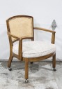 Chair, Armchair, TRADITIONAL, BROWN WOOD FRAME W/CANING ON SEAT BACK, GREY/BEIGE FLORAL PATTERN UPHOLSTERED SEAT CUSHION, ROLLING, WOOD, BROWN