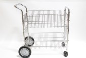 Cart, Misc, UTILITY/PULL/MAIL CART WITH 2 WIRE LEVELS,LARGE & SMALL WHEELS, HANDLE, AGED, METAL, SILVER
