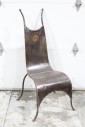 Chair, Misc, CURVED SOLID METAL SEAT, INTERESTING INDUSTRIAL WELDED LOOK, CURVED LEGS, HIGH BACK W/POSTS W/BALL ENDS, AGED, RUST SPOTS, METAL, GREY