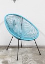 Chair, Side, INDOOR / OUTDOOR, LAWN / PATIO, VINTAGE STYLE EGG OR STRING CHAIR, SEAT MADE OF BLUE STRINGS, BLACK LEGS, PLASTIC, BLUE