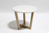 Table, Side, MODERN,ROUND BEVELED TOP,3 LIGHT WOOD LEGS CONNECTED AT BOTTOM, WOOD, WHITE
