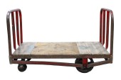 Cart, Misc, VINTAGE, INDUSTRIAL, POST OFFICE / MAIL / RAILROAD PLATFORM CART, ROUNDED METAL END BARS, WOOD FLAT DECK, METAL, RED