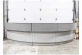 Counter, Misc, LOBBY/RECEPTION DESK, 2 LEVELS (COUNTER HEIGHT IS 30", SHELF IS 41"), HORIZONTAL SLATS, CURVED - OUTER WIDTH IS 74.5", INNER WIDTH IS 55" - End Section Of 3 Pc Larger Unit, See Photos For Complete Setup, WOOD, GREY